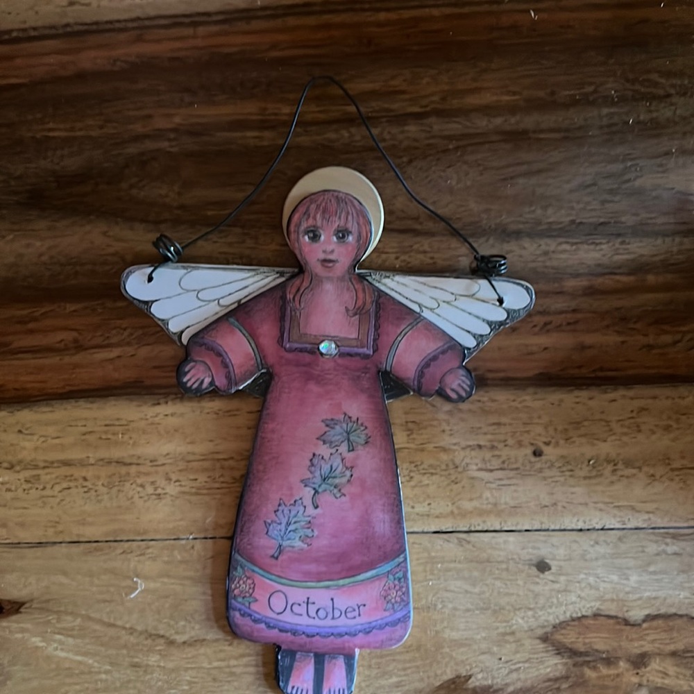 October Angel Wood Folk Art Plaque By Artist Ann Jeffries